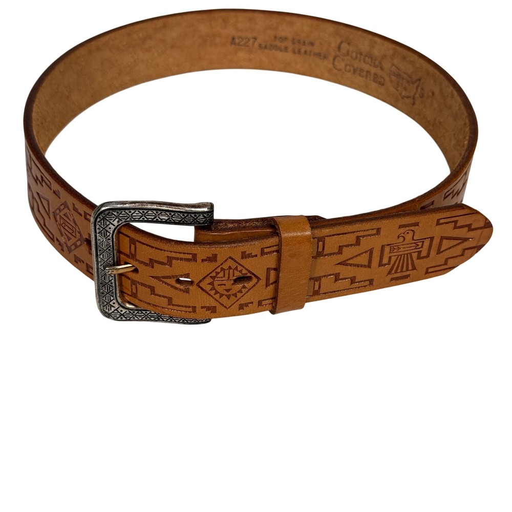 Gotcha Covered Tooled Leather Western Belt Small Tan USA Made A227 Thunderbird